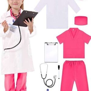 Kids Pink Doctor Nurse Costume Play Set - Medical Scrubs and Lab Coat